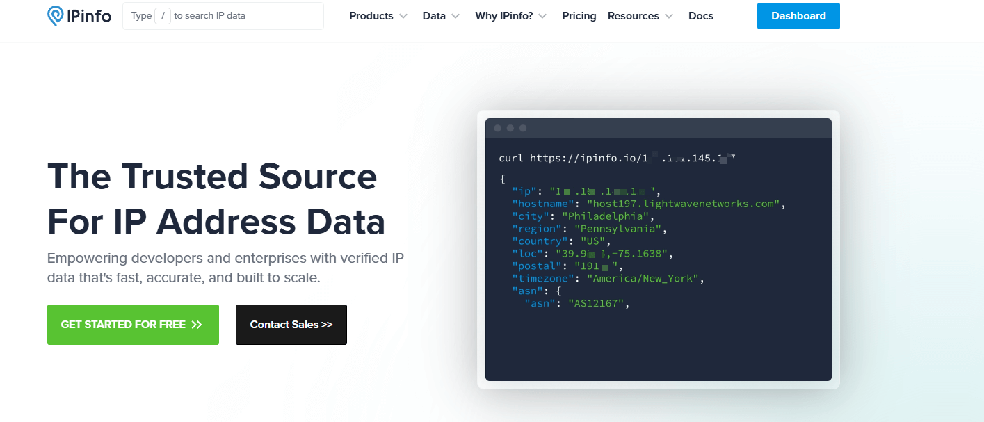 ipinfo.io JSON 数据格式返回示例，包含 IP 类型、ASN 和坐标信息