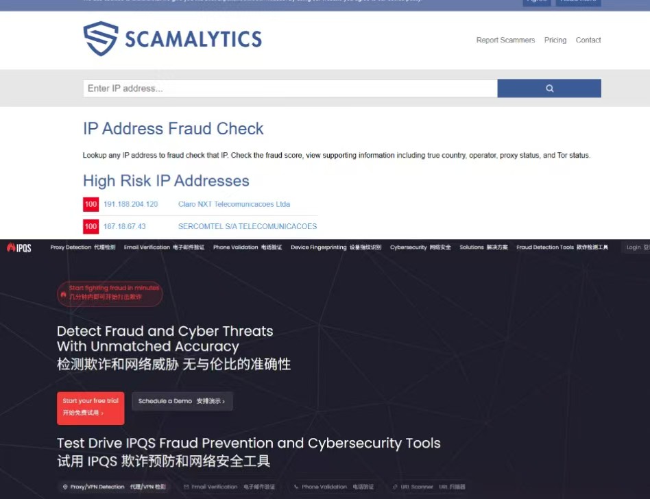 Scamalytics和IPQS欺诈检测工具的界面比较