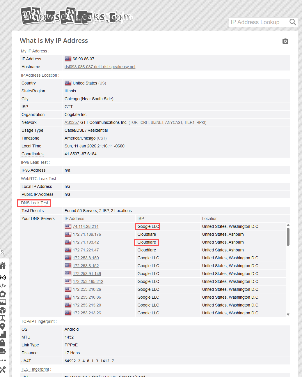 DNS远程解析的正常状态：显示Google或Cloudflare DNS