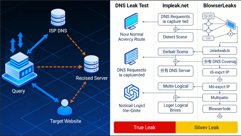 DNS泄露检测原理与工具对比，展示代理IP环境下真实泄露与假性误报的判定逻辑