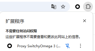 Chrome 浏览器右上角扩展程序菜单，显示 Proxy SwitchyOmega 3 (ZeroOmega) 及其右侧的固定按钮（图钉图标）