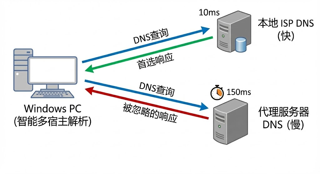 Windows智能多宿主解析机制示意图导致DNS泄露