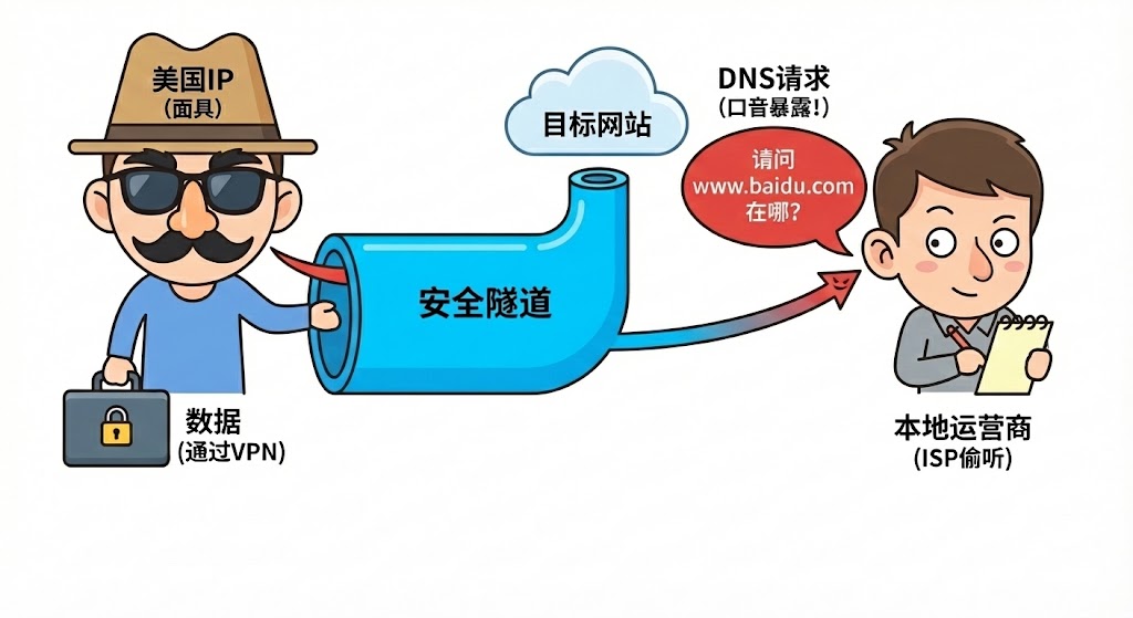 DNS泄露现象图解：IP地址与DNS解析的区别导致身份暴露
