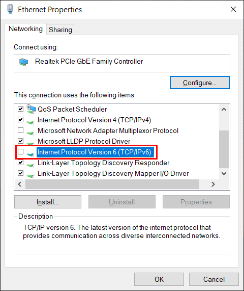 Windows网卡属性中临时关闭Internet Protocol Version 6排查IPv6直连