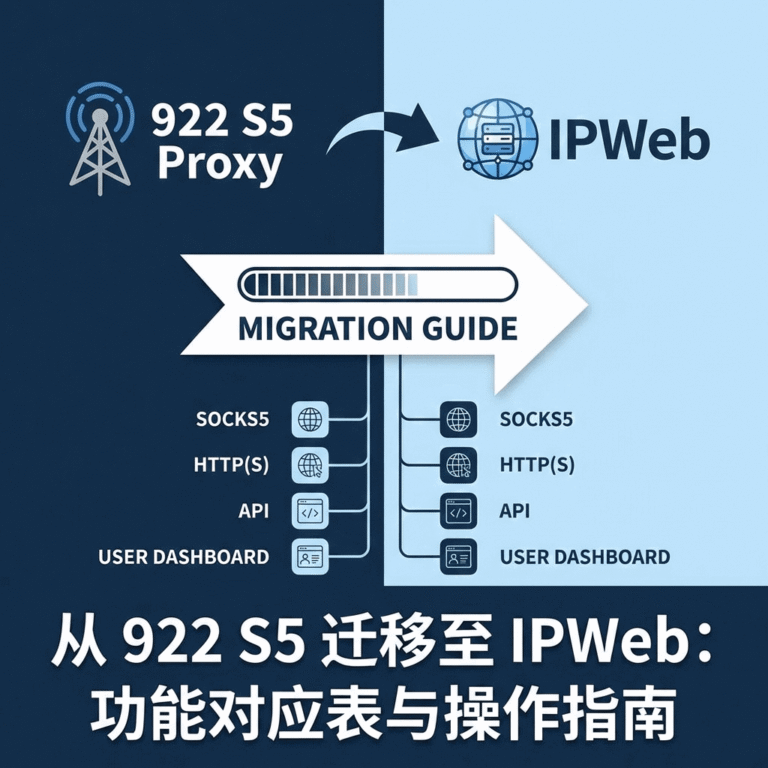 922 S5 到 IPWeb 迁移指南封面：一张包含 SOCKS5、HTTP(S) 和 API 等关键功能的功能对应表和操作指引图。