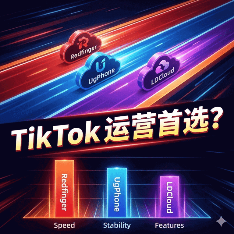 2026年全球云手机深度评测封面，在竞技赛道背景上并排展示Redfinger、UgPhone与雷电云三个品牌的Logo，下方有性能对比条形图。