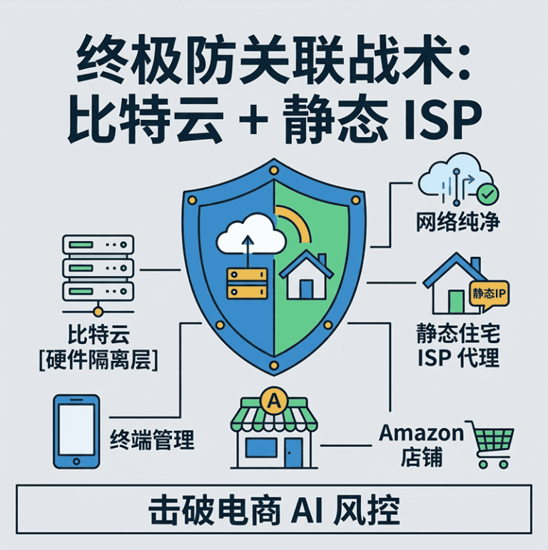 比特云与静态住宅代理配合的跨境电商环境隔离核心策略图示