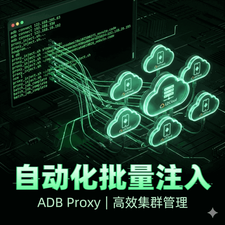 雷电云手机自动化配置封面，极客风格的黑色命令行终端窗口显示绿色ADB代码，正在批量连接多台云手机进行代理注入。