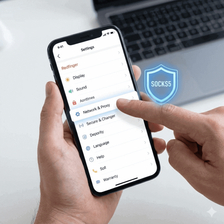 Redfinger红手指国际版配置教程封面，特写镜头显示手指指向手机屏幕上的网络设置界面，旁边悬浮着SOCKS5协议图标。