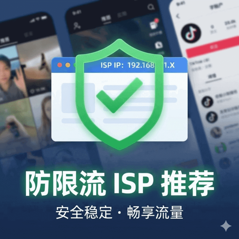 TikTok防限流配置指南封面，一个绿色的验证通过对钩标志叠加在静态住宅IP图标之上，背景是模糊处理的TikTok应用界面。