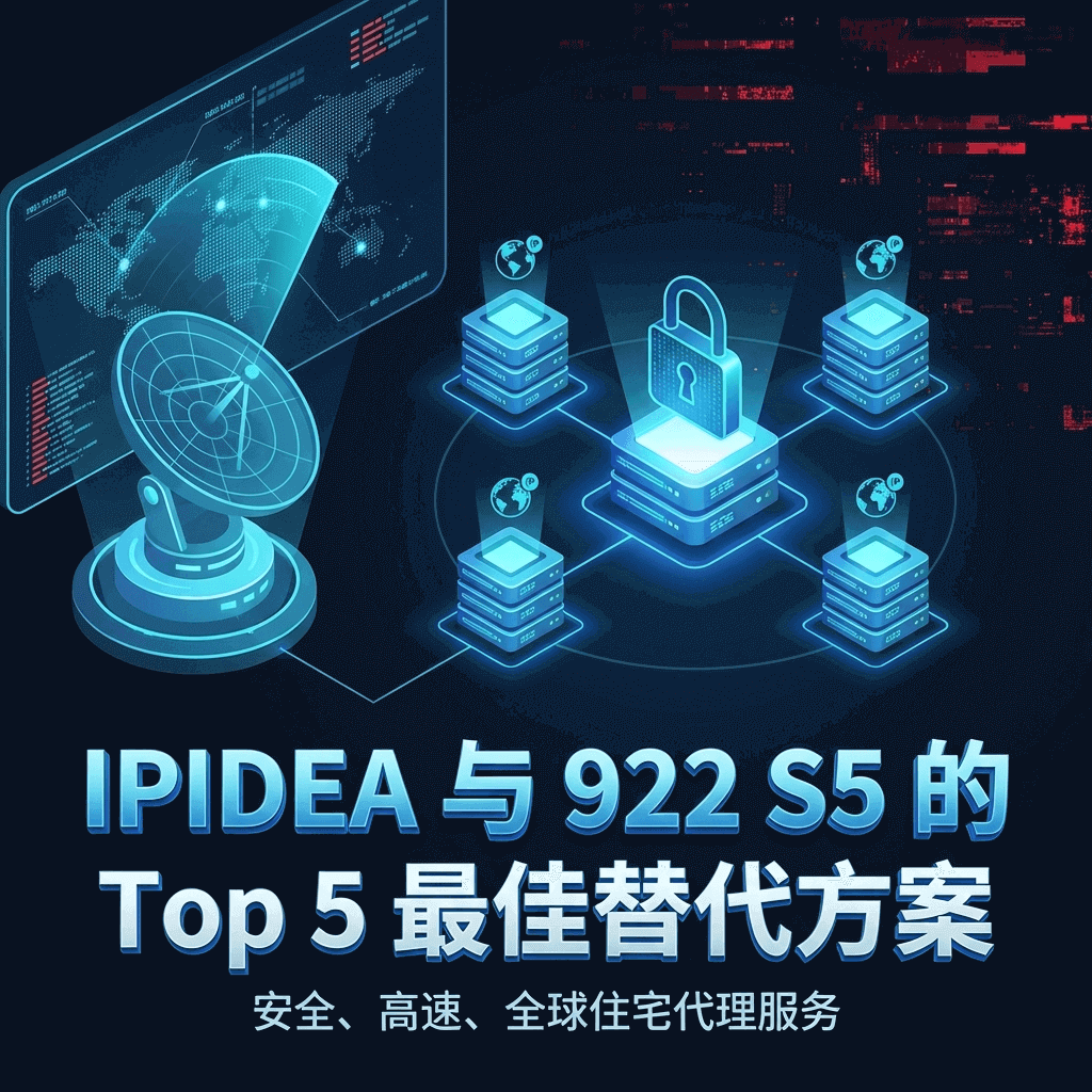 IPIDEA 与 922 S5 最佳替代方案博客封面：一张展示安全、高速全球住宅代理服务网络的高科技概念图。