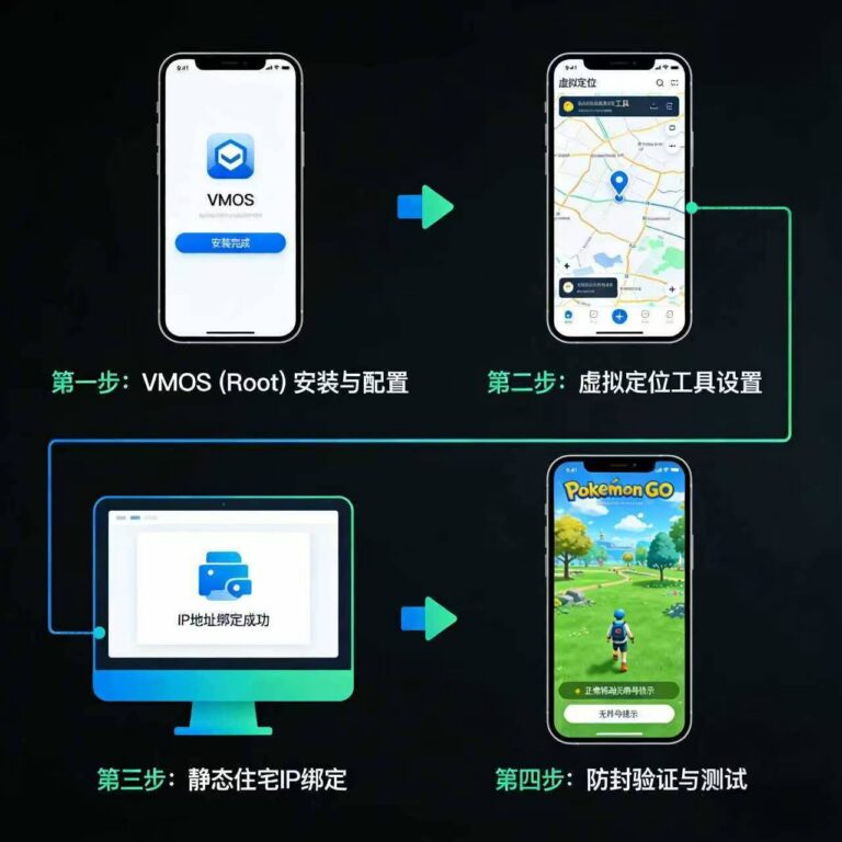 VMOS(Root)安装-虚拟定位工具设置-静态住宅IP绑定-防封测试完整流程图，适用于Pokémon GO等游戏或TikTok运营的IP+定位伪装