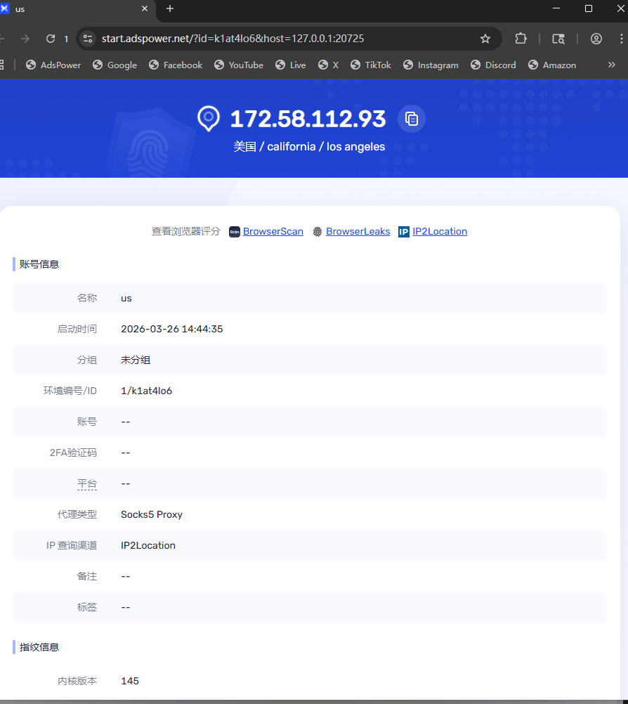 浏览器环境中查看当前代理出口 IP 与地区结果的页面