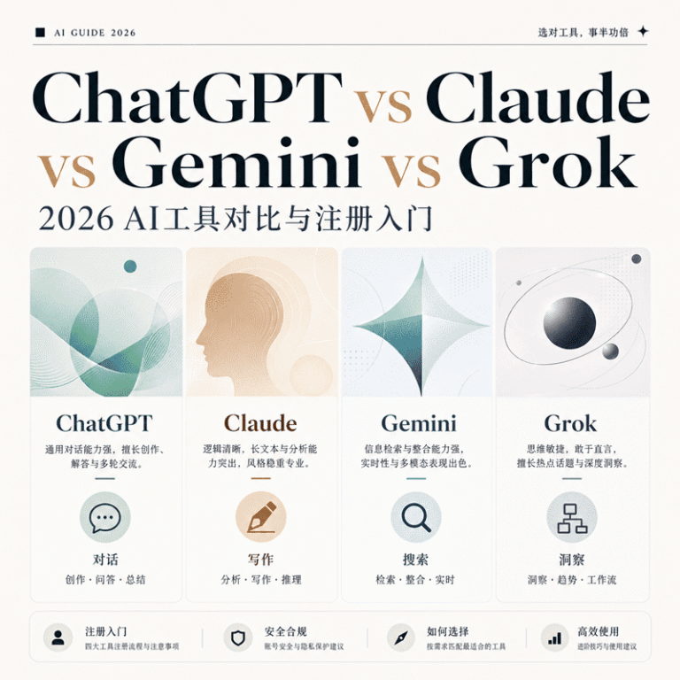 ChatGPT vs Claude vs Gemini vs Grok：2026年AI工具对比与注册入门指南