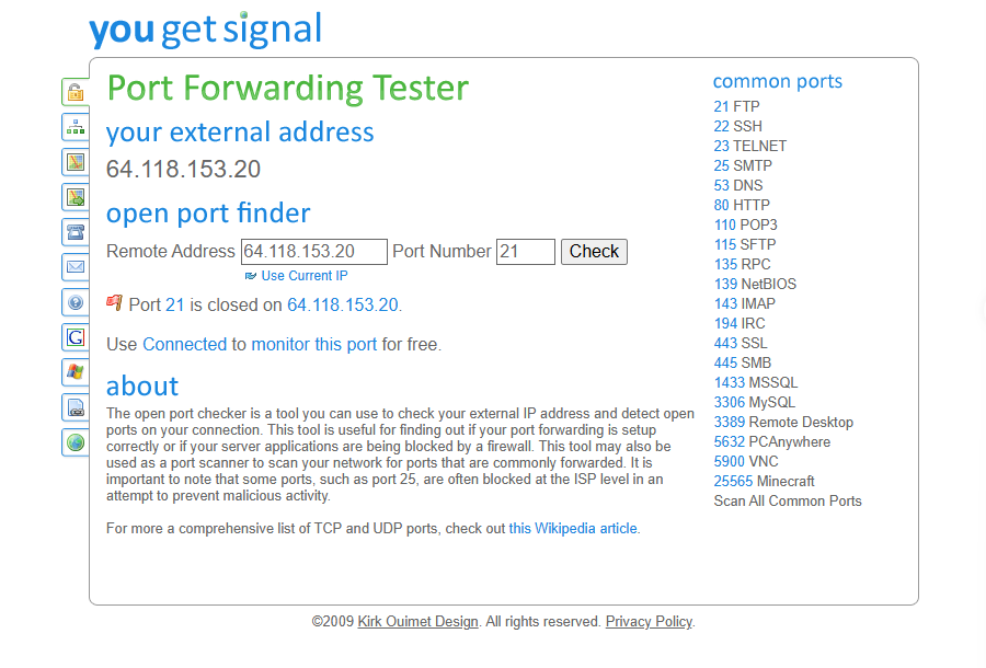 YouGetSignal 在线端口扫描工具界面与端口检测结果示例
