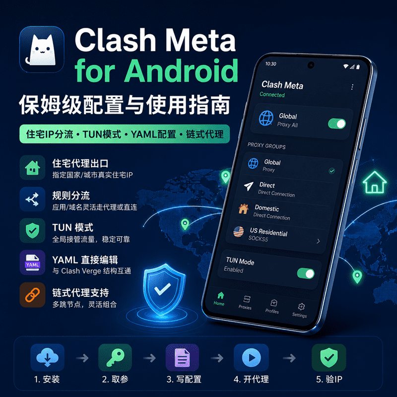 Clash Meta Android 端接入住宅 IP：YAML 配置与 TUN 模式详解