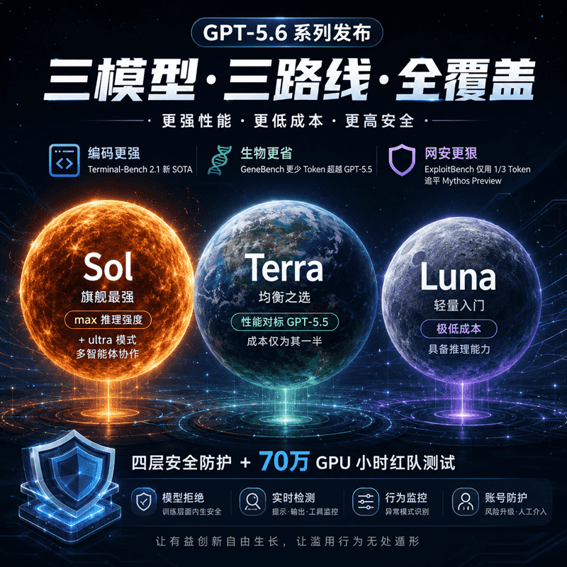 GPT-5.6 发布，OpenAI 推出 Sol、Terra、Luna 三大模型，性能、安全与价格全面升级