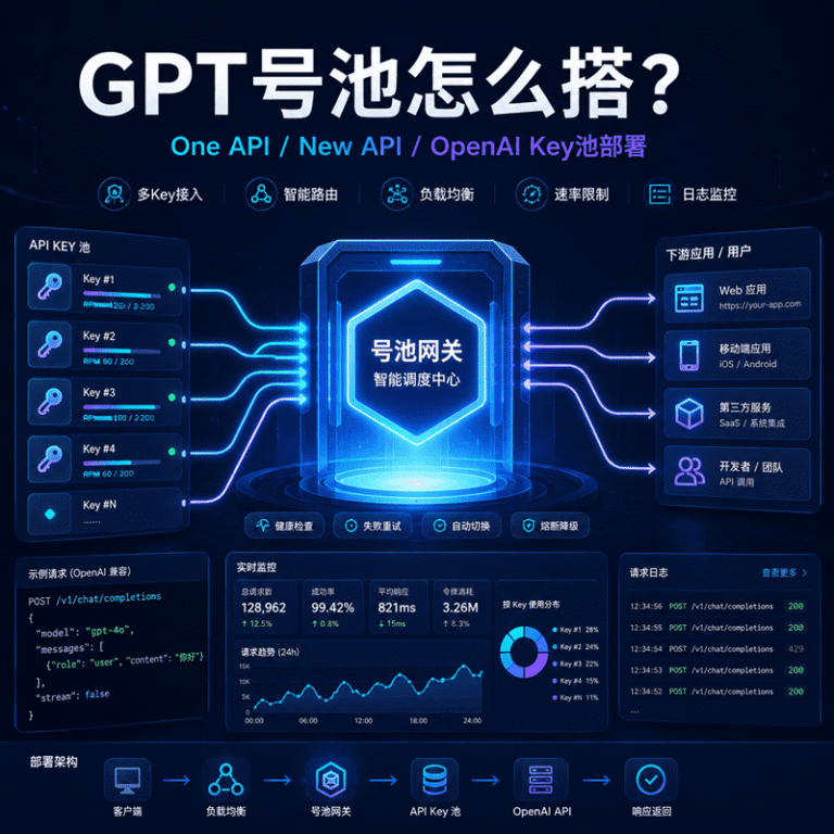 GPT号池搭建封面图，展示多个OpenAI API Key通过网关进行智能路由、负载均衡和日志监控。