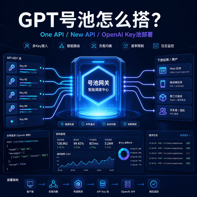 GPT号池搭建封面图，展示多个OpenAI API Key通过网关进行智能路由、负载均衡和日志监控。