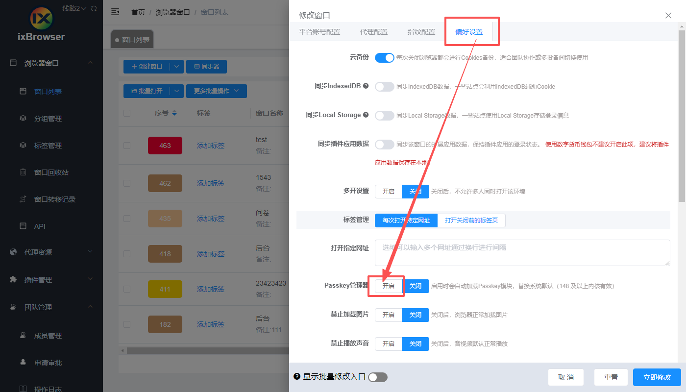 在ixBrowser偏好设置中启用Passkey管理器