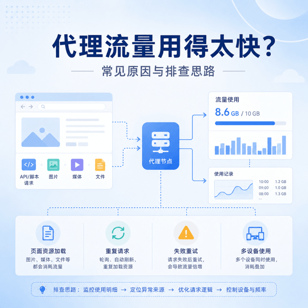 代理IP流量为什么消耗这么快？上传下载、后台请求、失败重试与账号泄露排查