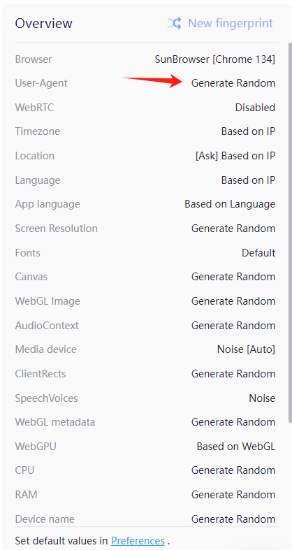 AdsPower Profile 指纹设置中的 User-Agent Timezone Location WebRTC WebGL 等选项