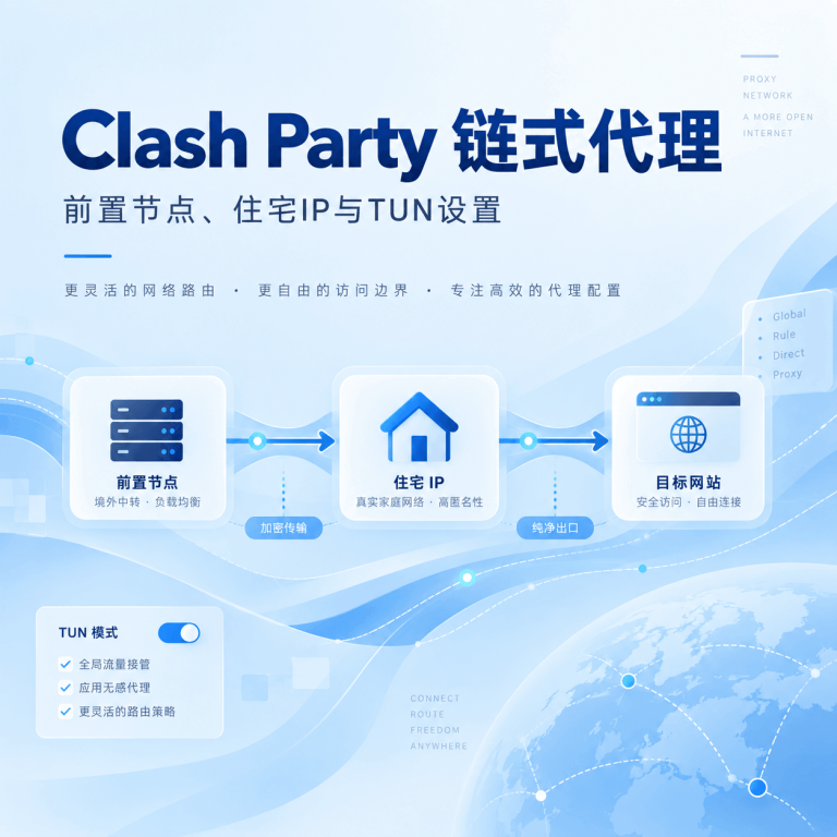 Clash Party 链式代理配置：前置节点、住宅IP与TUN验证