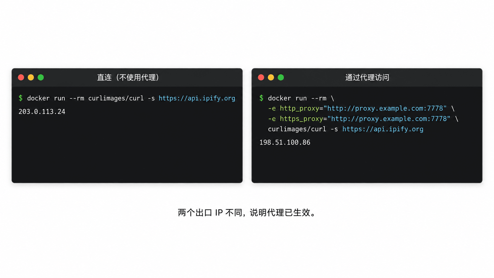 Docker容器直连与使用代理后的公网出口IP对比示意
