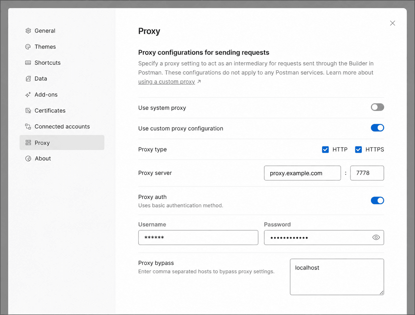 Postman Custom Proxy填写协议Host端口认证和绕过规则