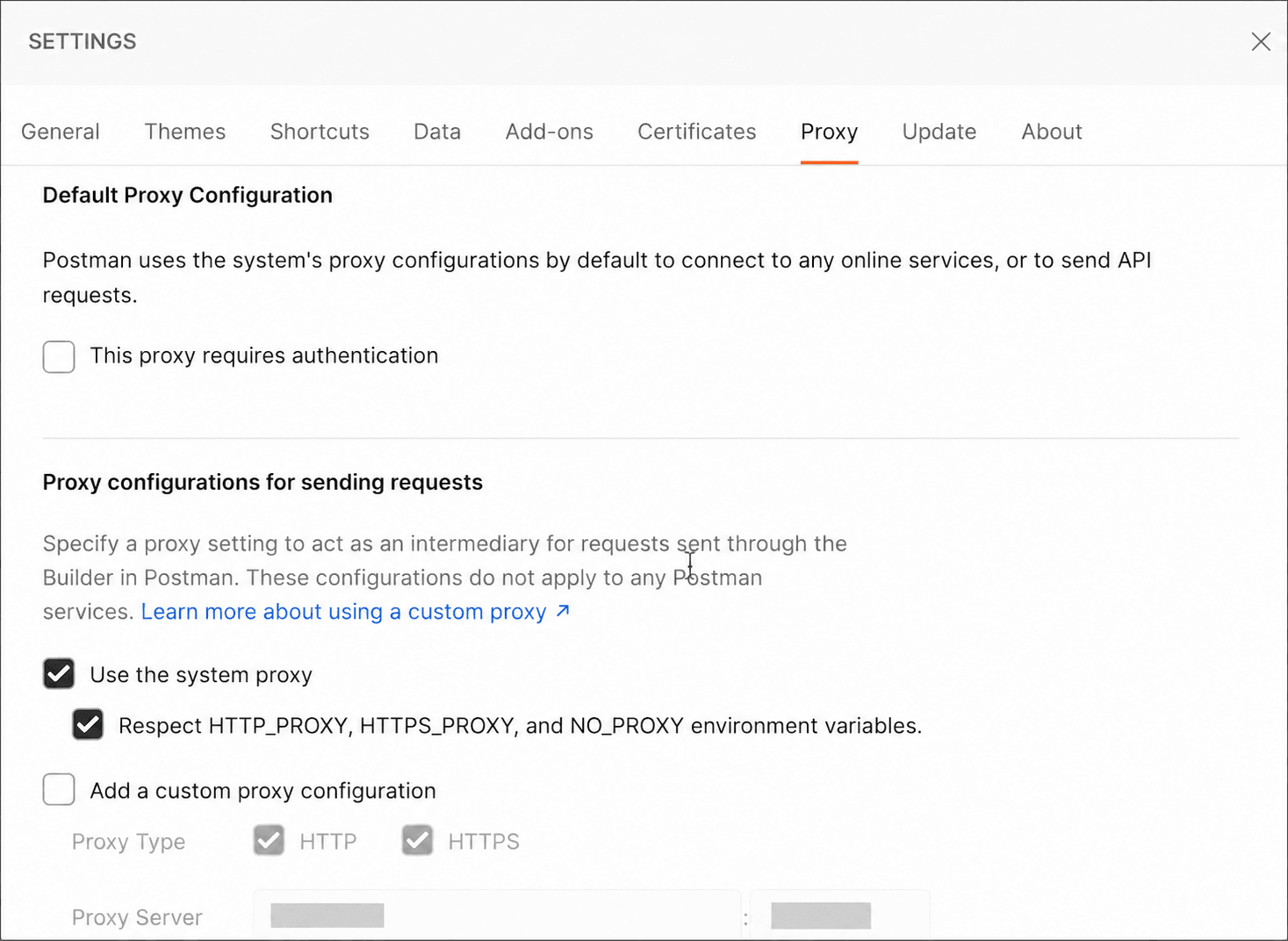 Postman Proxy设置中启用Use system proxy和环境变量选项